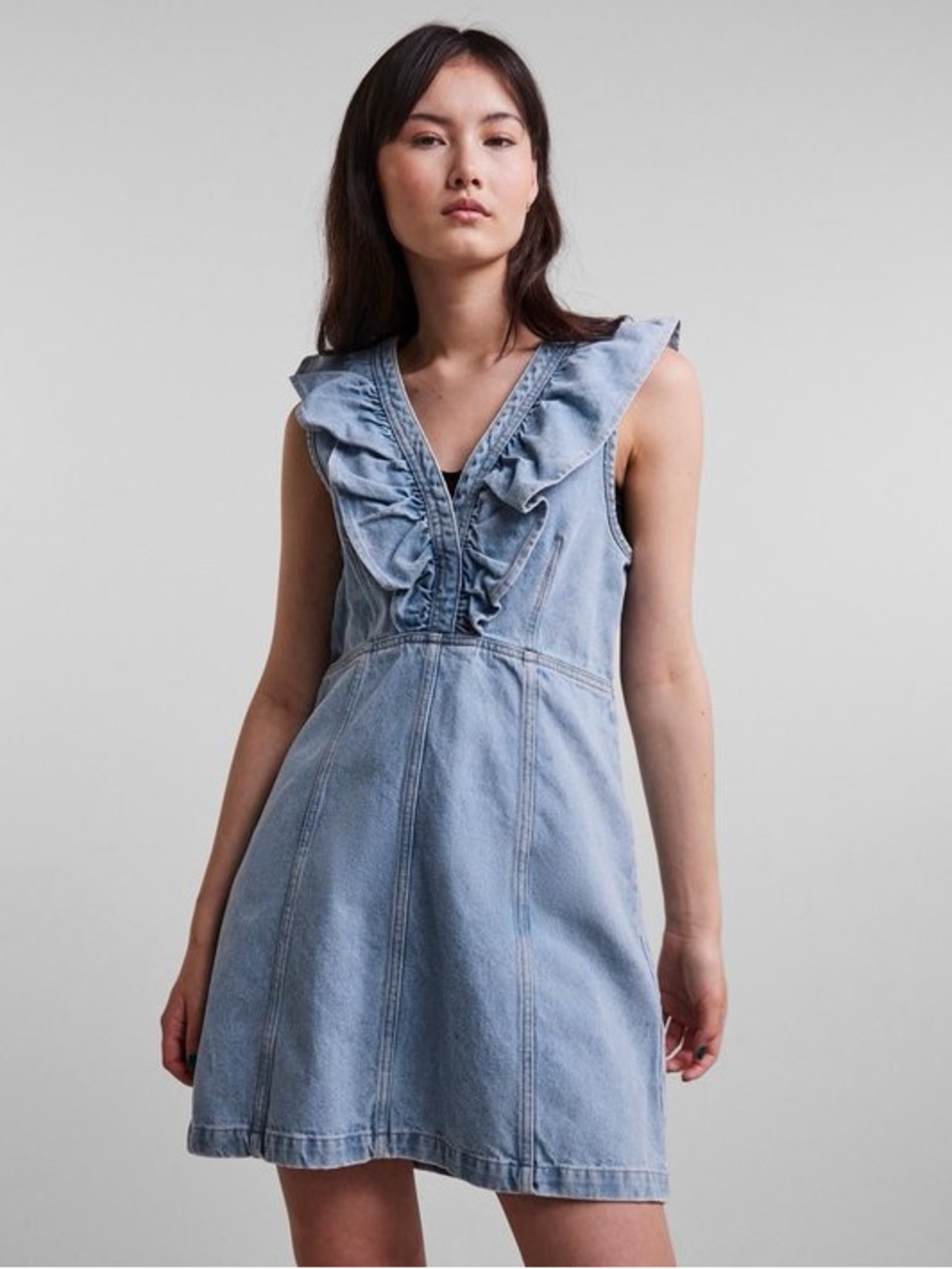 PIECES size M 100% cotton Denim Ruffle V-Neck Sleeveless Dress - Light Blue